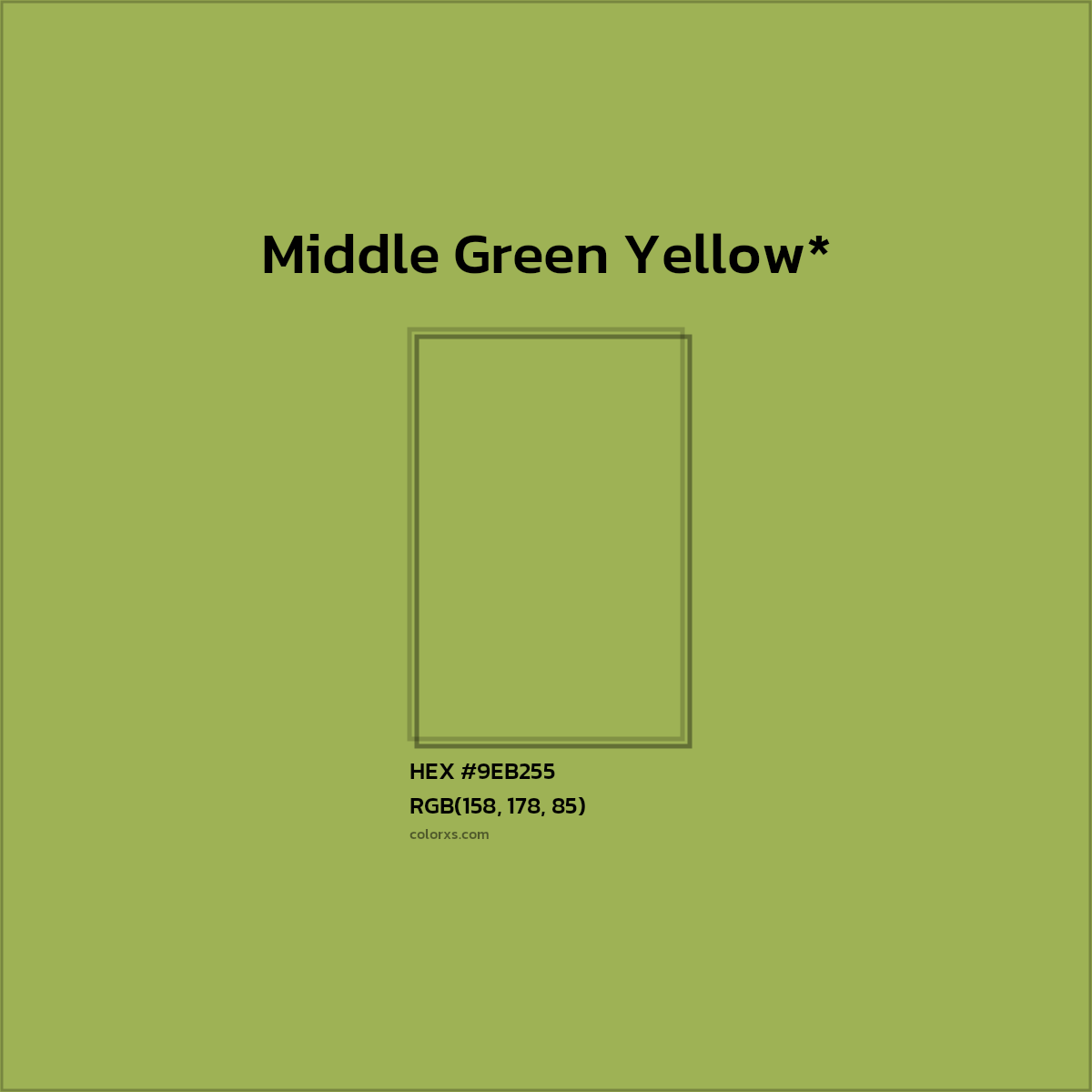 #9EB255 hex color. RGB, RYB, CMYK, HSL, HSV codes and color conversions. Matching color names, palettes, paints.