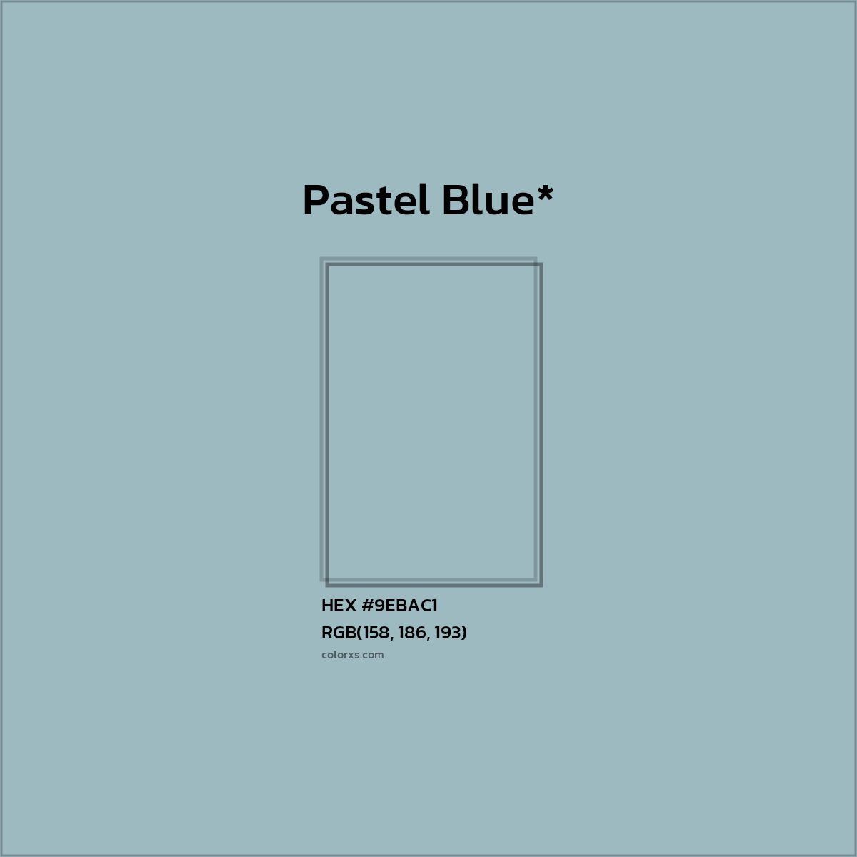 #9EBAC1 hex color. RGB, RYB, CMYK, HSL, HSV codes and color conversions. Matching color names, palettes, paints.