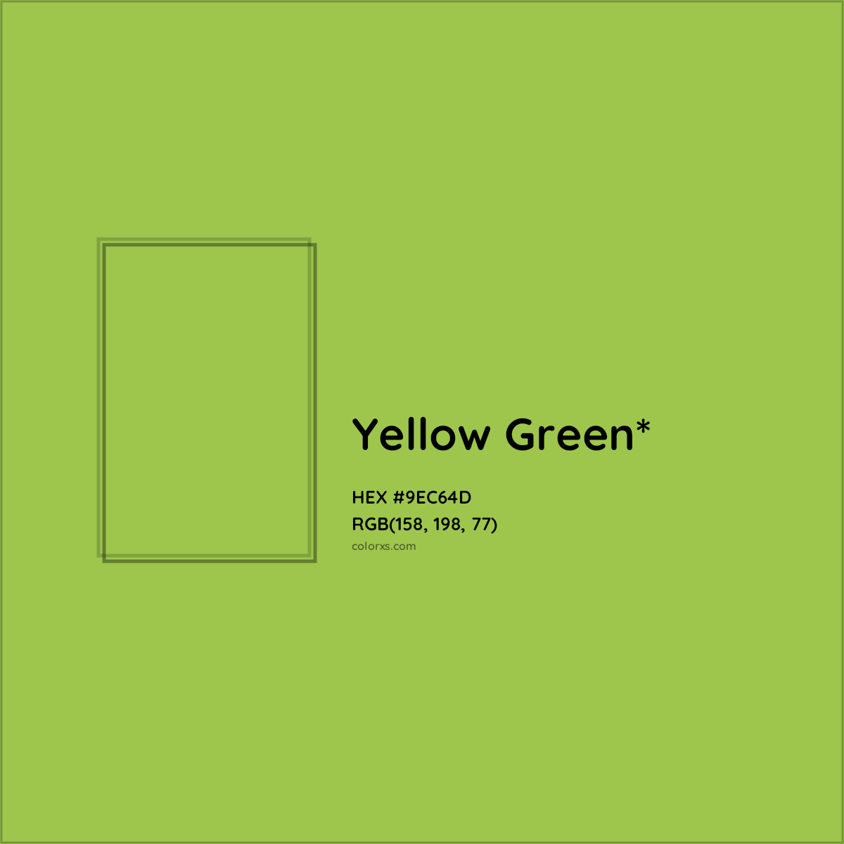 #9EC64D hex color. RGB, RYB, CMYK, HSL, HSV codes and color conversions. Matching color names, palettes, paints.