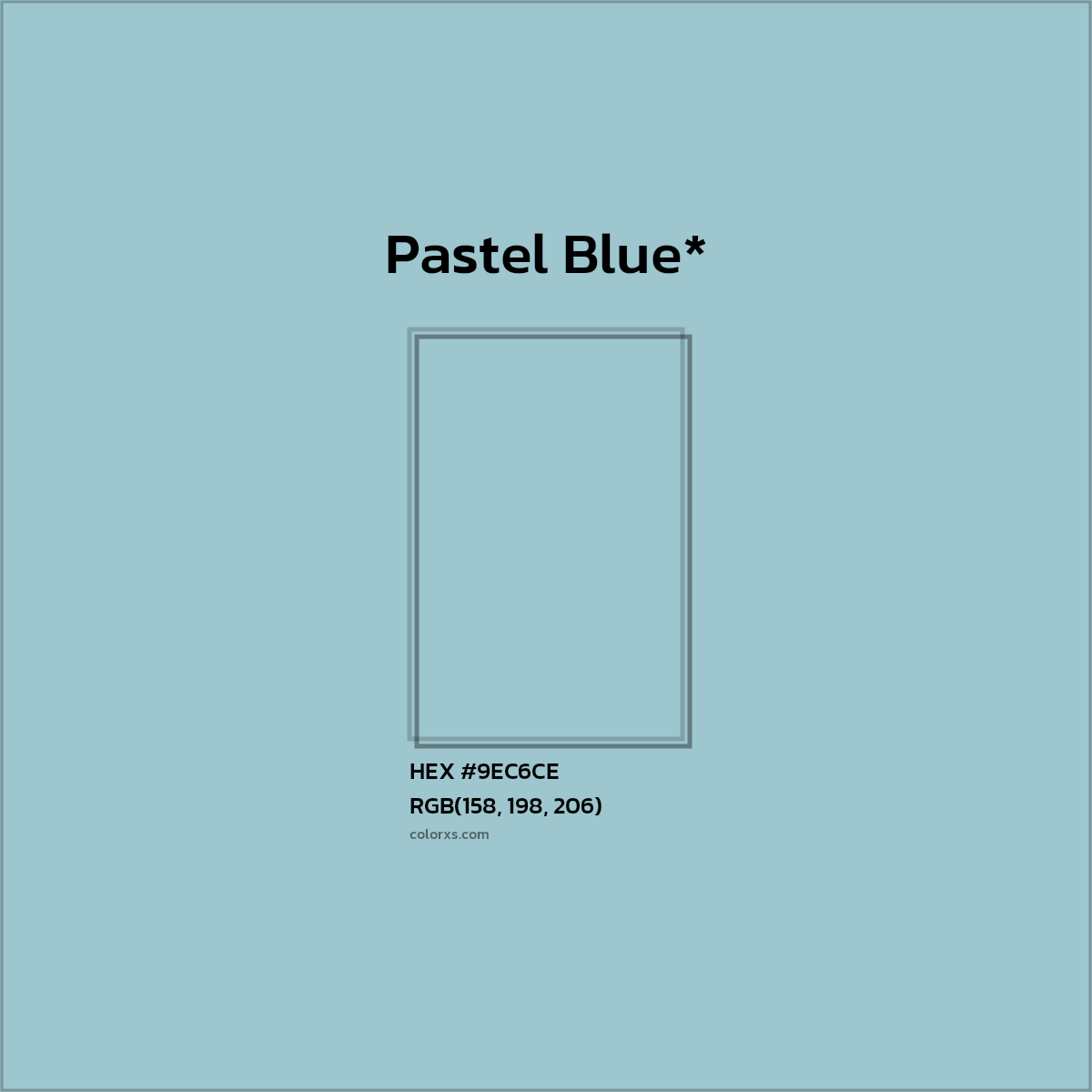#9EC6CE hex color. RGB, RYB, CMYK, HSL, HSV codes and color conversions. Matching color names, palettes, paints.