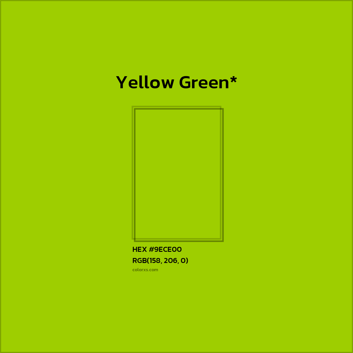 #9ECE00 hex color. RGB, RYB, CMYK, HSL, HSV codes and color conversions. Matching color names, palettes, paints.