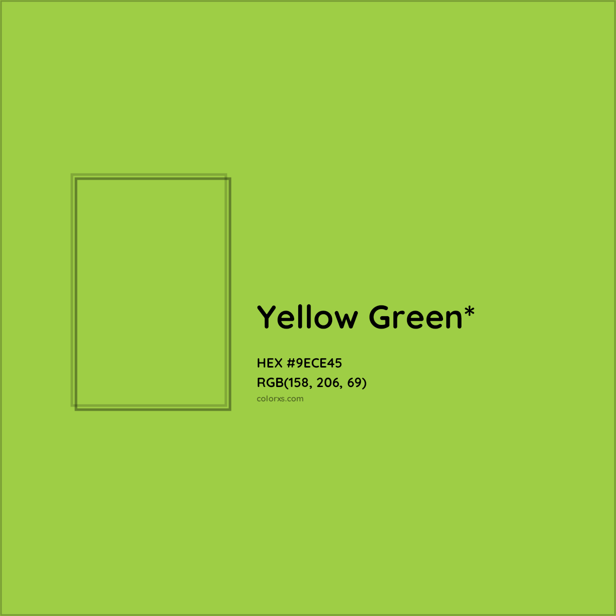 #9ECE45 hex color. RGB, RYB, CMYK, HSL, HSV codes and color conversions. Matching color names, palettes, paints.