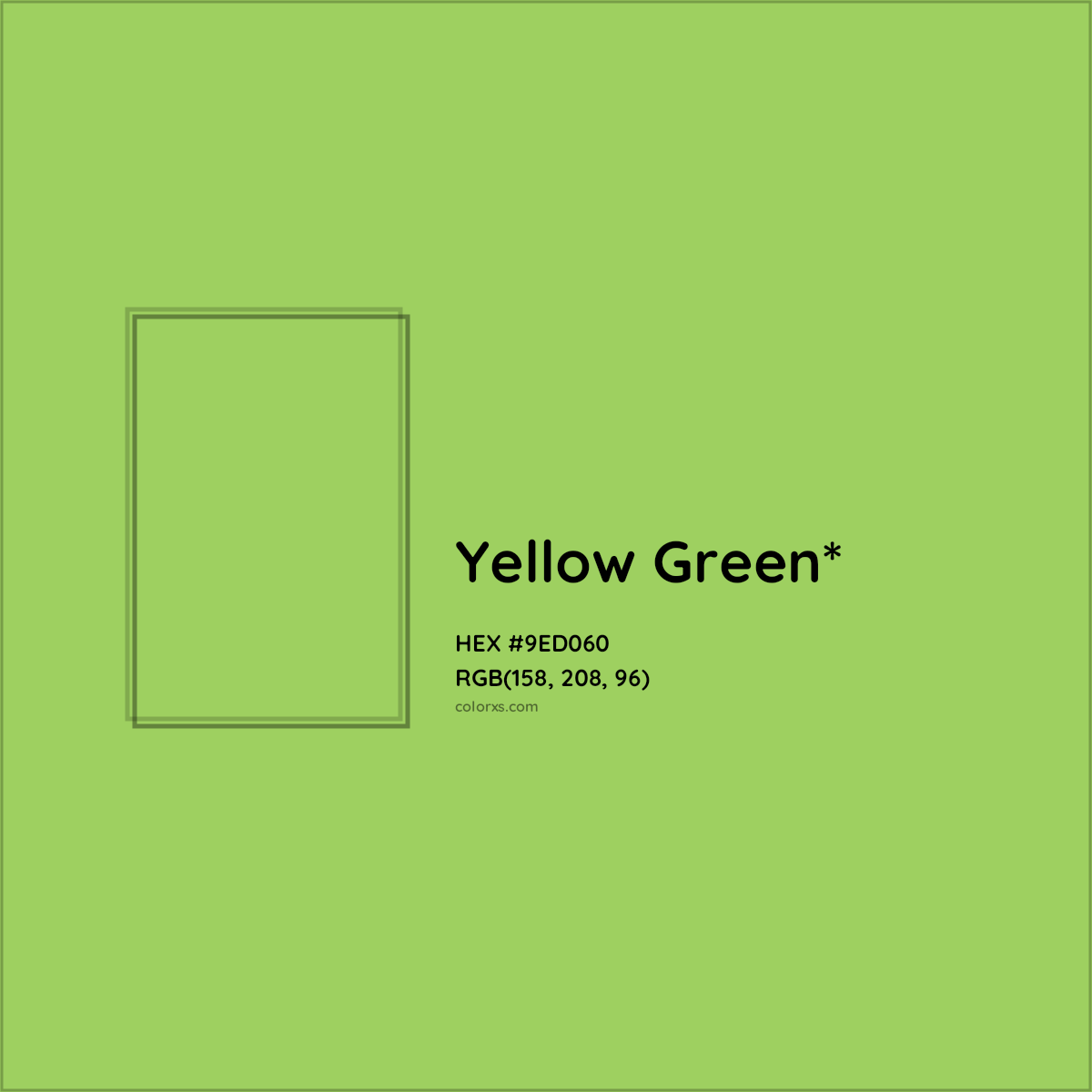 #9ED060 hex color. RGB, RYB, CMYK, HSL, HSV codes and color conversions. Matching color names, palettes, paints.