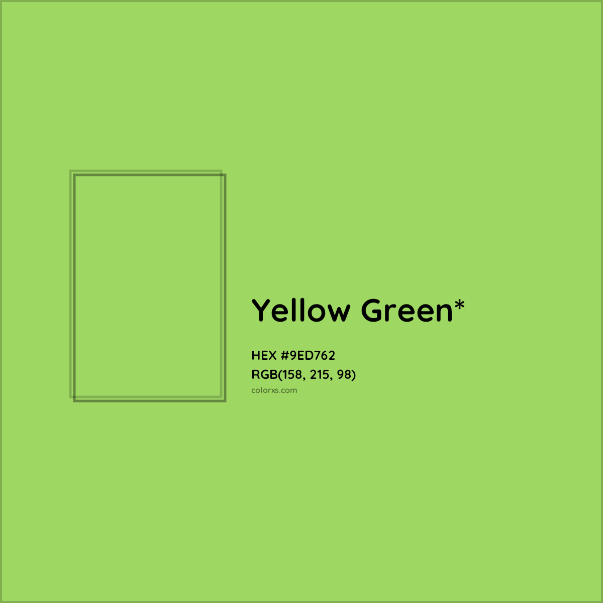 #9ED762 hex color. RGB, RYB, CMYK, HSL, HSV codes and color conversions. Matching color names, palettes, paints.