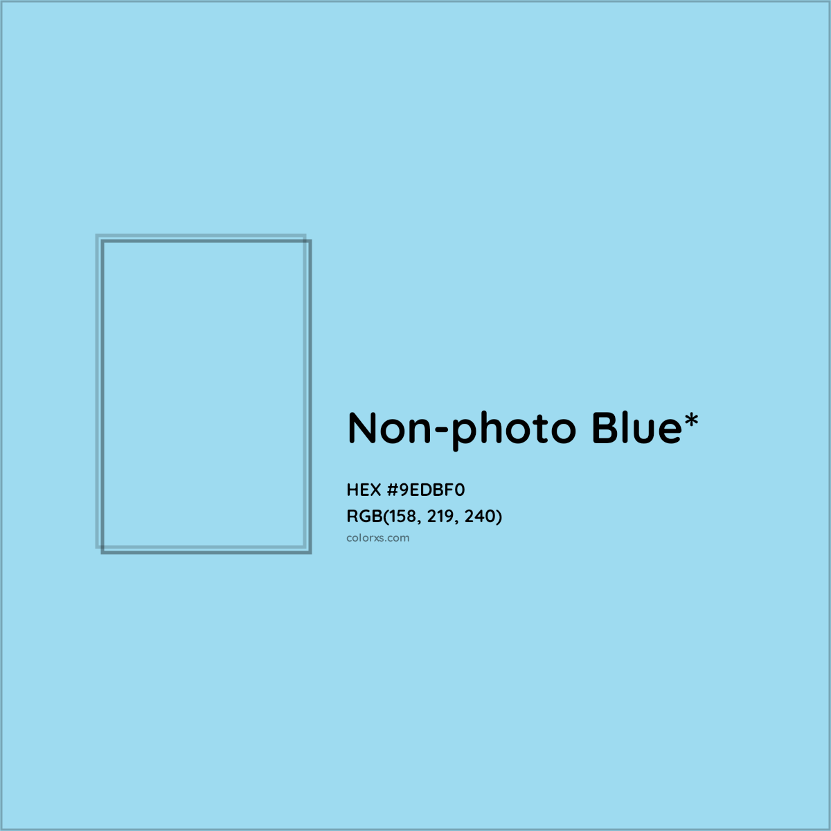 #9EDBF0 hex color. RGB, RYB, CMYK, HSL, HSV codes and color conversions. Matching color names, palettes, paints.