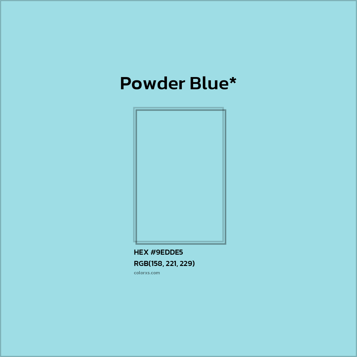 #9EDDE5 hex color. RGB, RYB, CMYK, HSL, HSV codes and color conversions. Matching color names, palettes, paints.