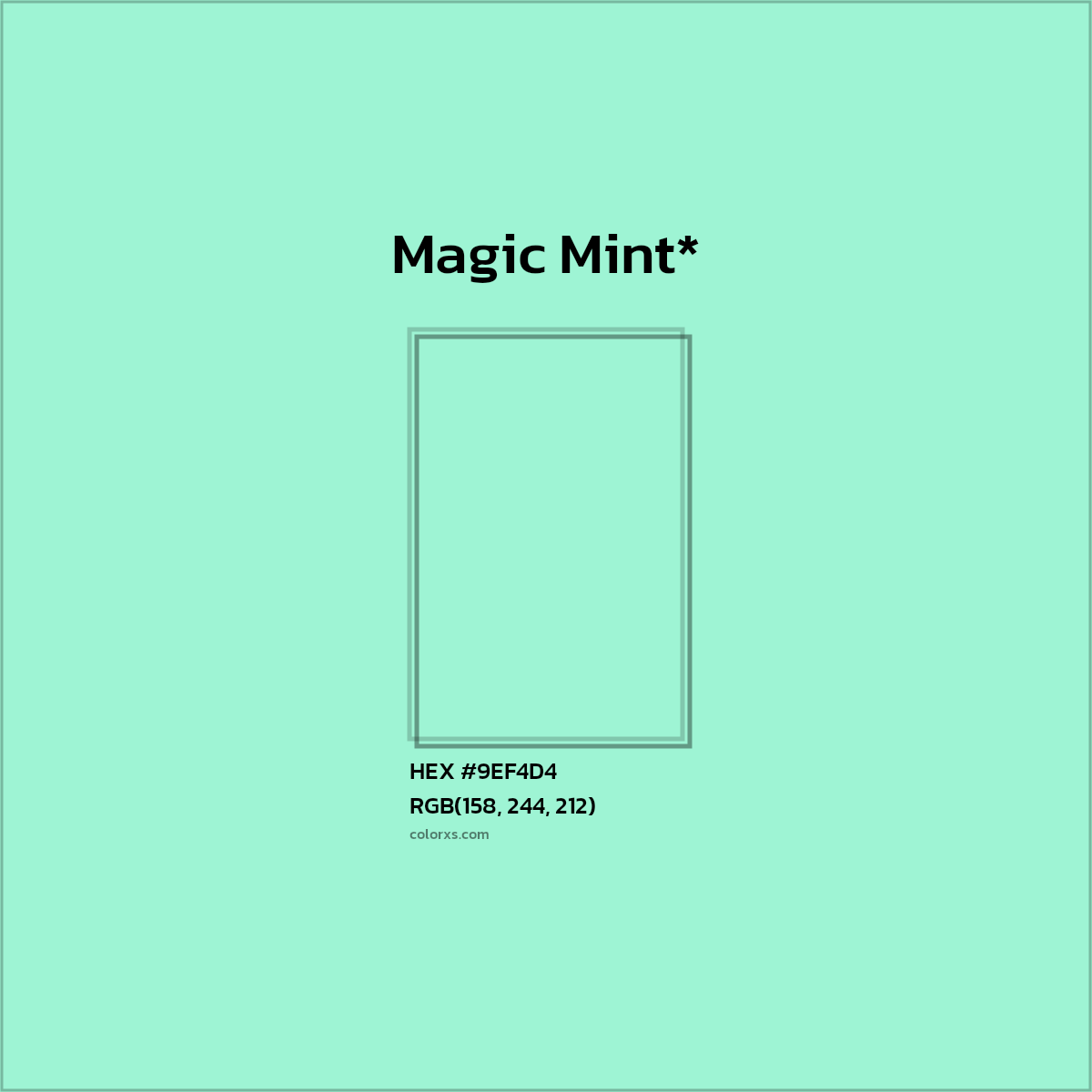 #9EF4D4 hex color. RGB, RYB, CMYK, HSL, HSV codes and color conversions. Matching color names, palettes, paints.