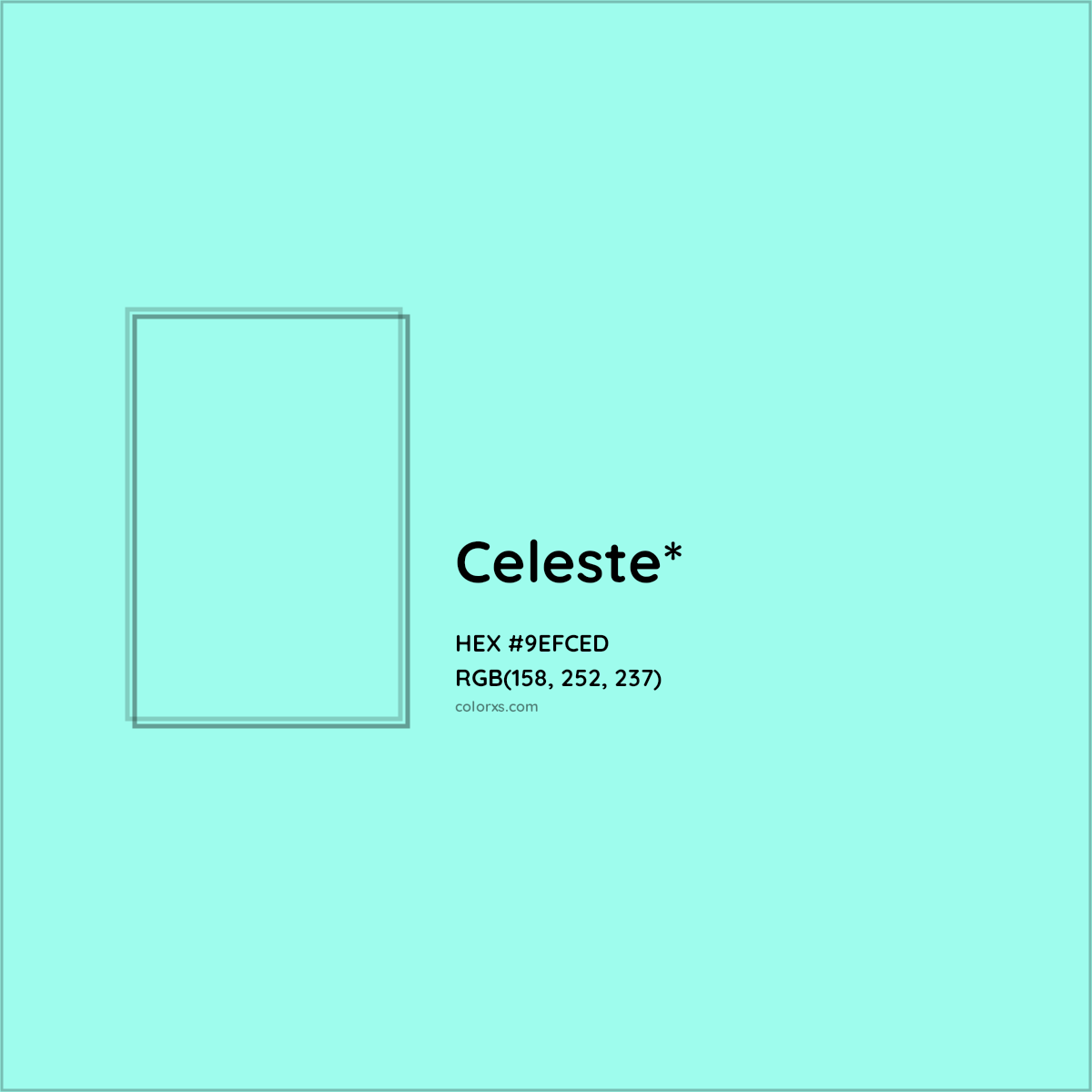 #9EFCED hex color. RGB, RYB, CMYK, HSL, HSV codes and color conversions. Matching color names, palettes, paints.