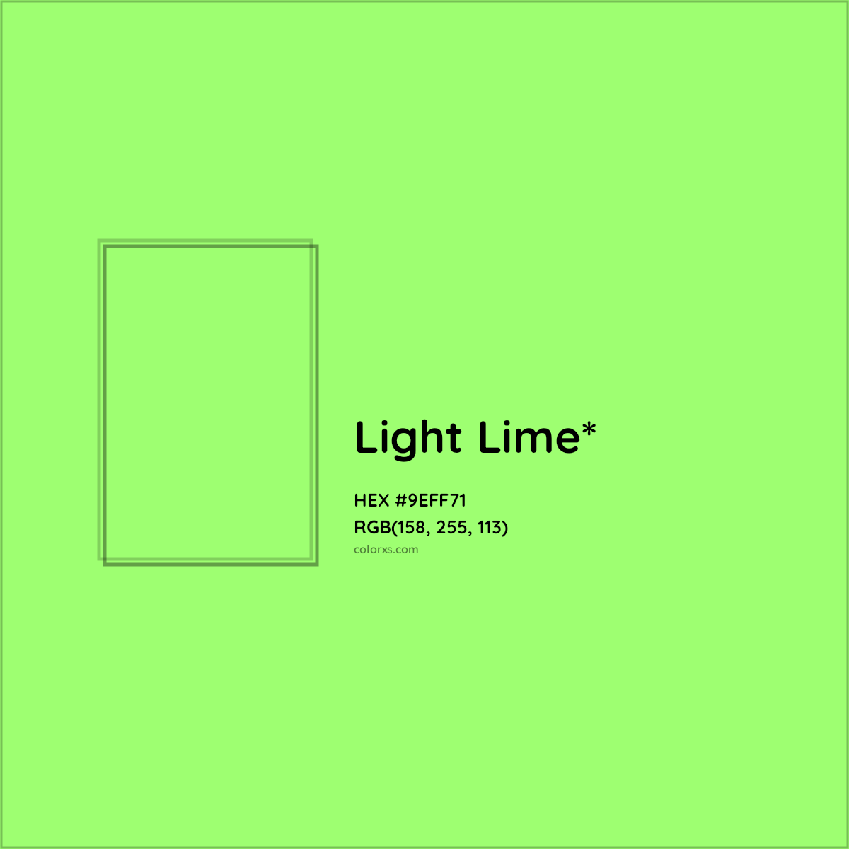 #9EFF71 hex color. RGB, RYB, CMYK, HSL, HSV codes and color conversions. Matching color names, palettes, paints.