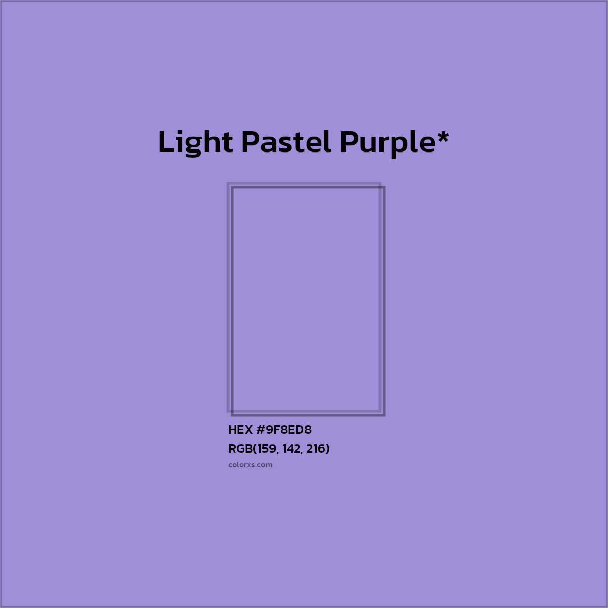 #9F8ED8 hex color. RGB, RYB, CMYK, HSL, HSV codes and color conversions. Matching color names, palettes, paints.