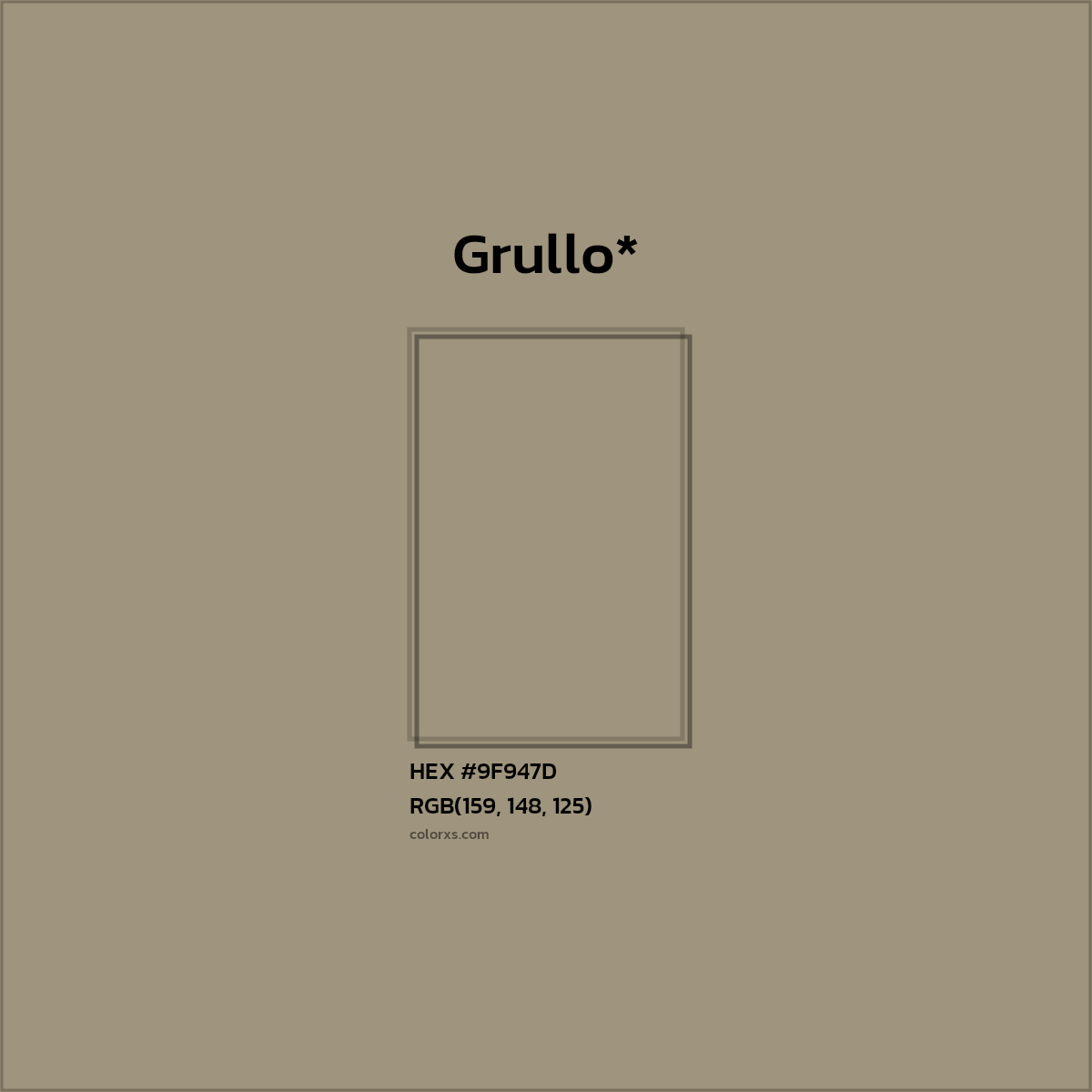 #9F947D hex color. RGB, RYB, CMYK, HSL, HSV codes and color conversions. Matching color names, palettes, paints.