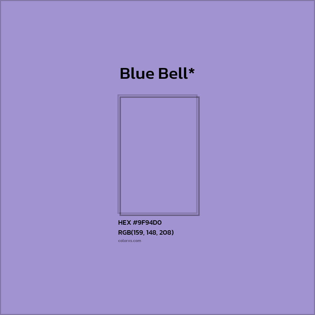 #9F94D0 hex color. RGB, RYB, CMYK, HSL, HSV codes and color conversions. Matching color names, palettes, paints.