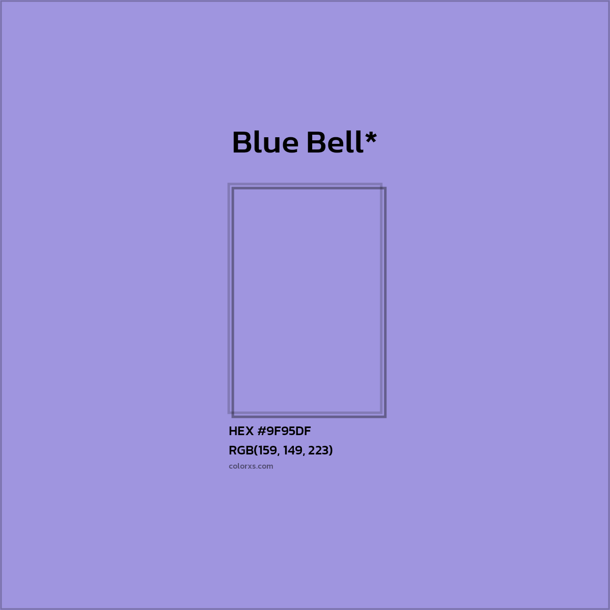 #9F95DF hex color. RGB, RYB, CMYK, HSL, HSV codes and color conversions. Matching color names, palettes, paints.