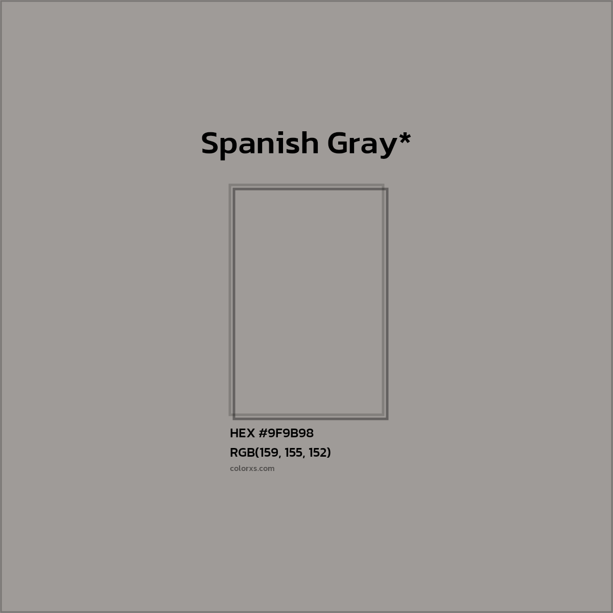 #9F9B98 hex color. RGB, RYB, CMYK, HSL, HSV codes and color conversions. Matching color names, palettes, paints.