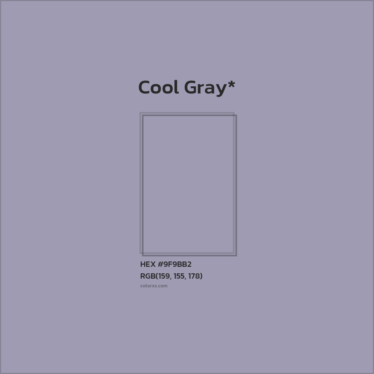 #9F9BB2 hex color. RGB, RYB, CMYK, HSL, HSV codes and color conversions. Matching color names, palettes, paints.