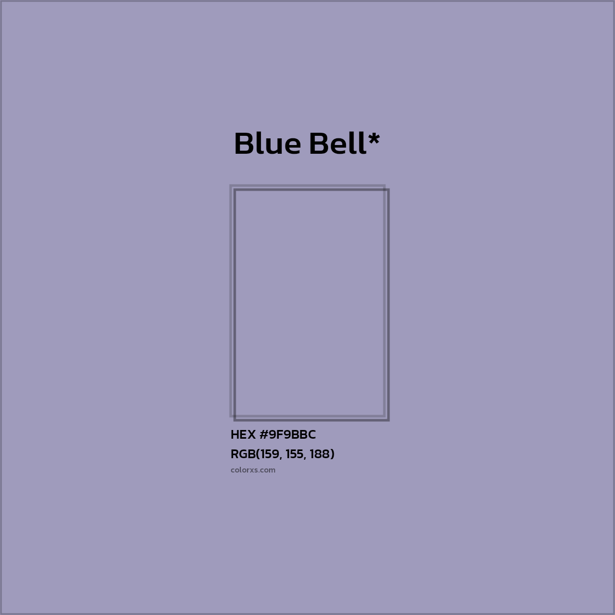 #9F9BBC hex color. RGB, RYB, CMYK, HSL, HSV codes and color conversions. Matching color names, palettes, paints.