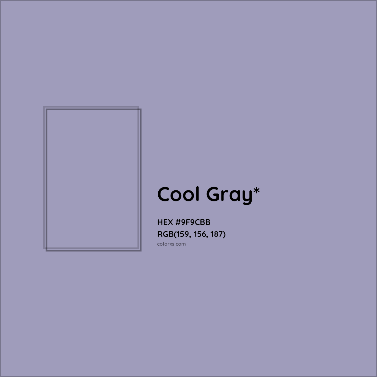 #9F9CBB hex color. RGB, RYB, CMYK, HSL, HSV codes and color conversions. Matching color names, palettes, paints.