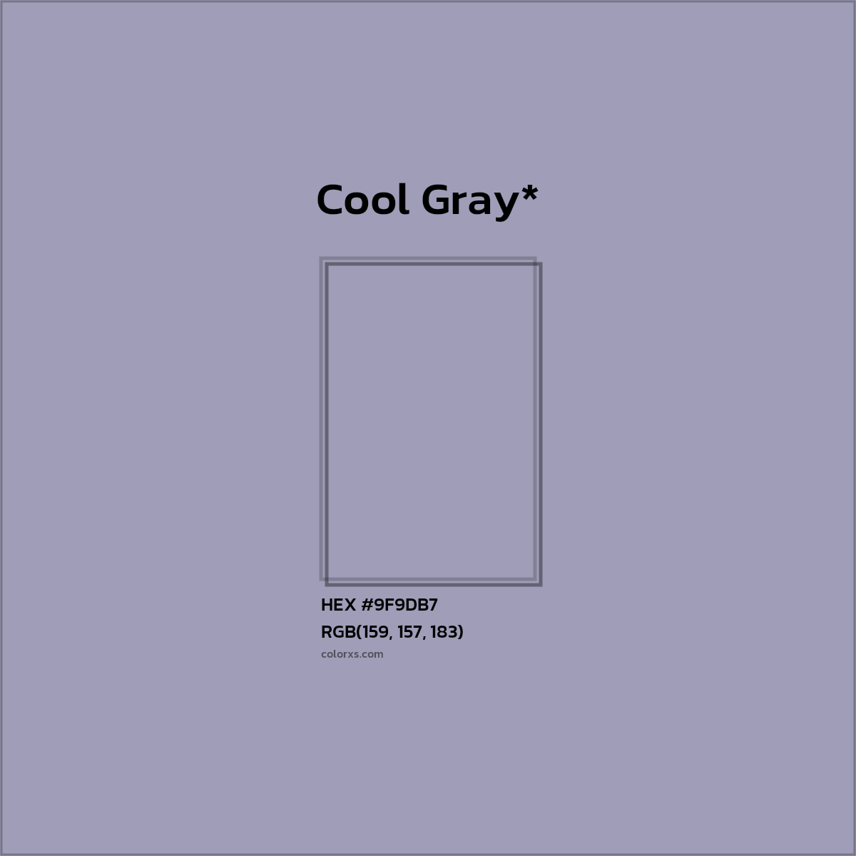 #9F9DB7 hex color. RGB, RYB, CMYK, HSL, HSV codes and color conversions. Matching color names, palettes, paints.