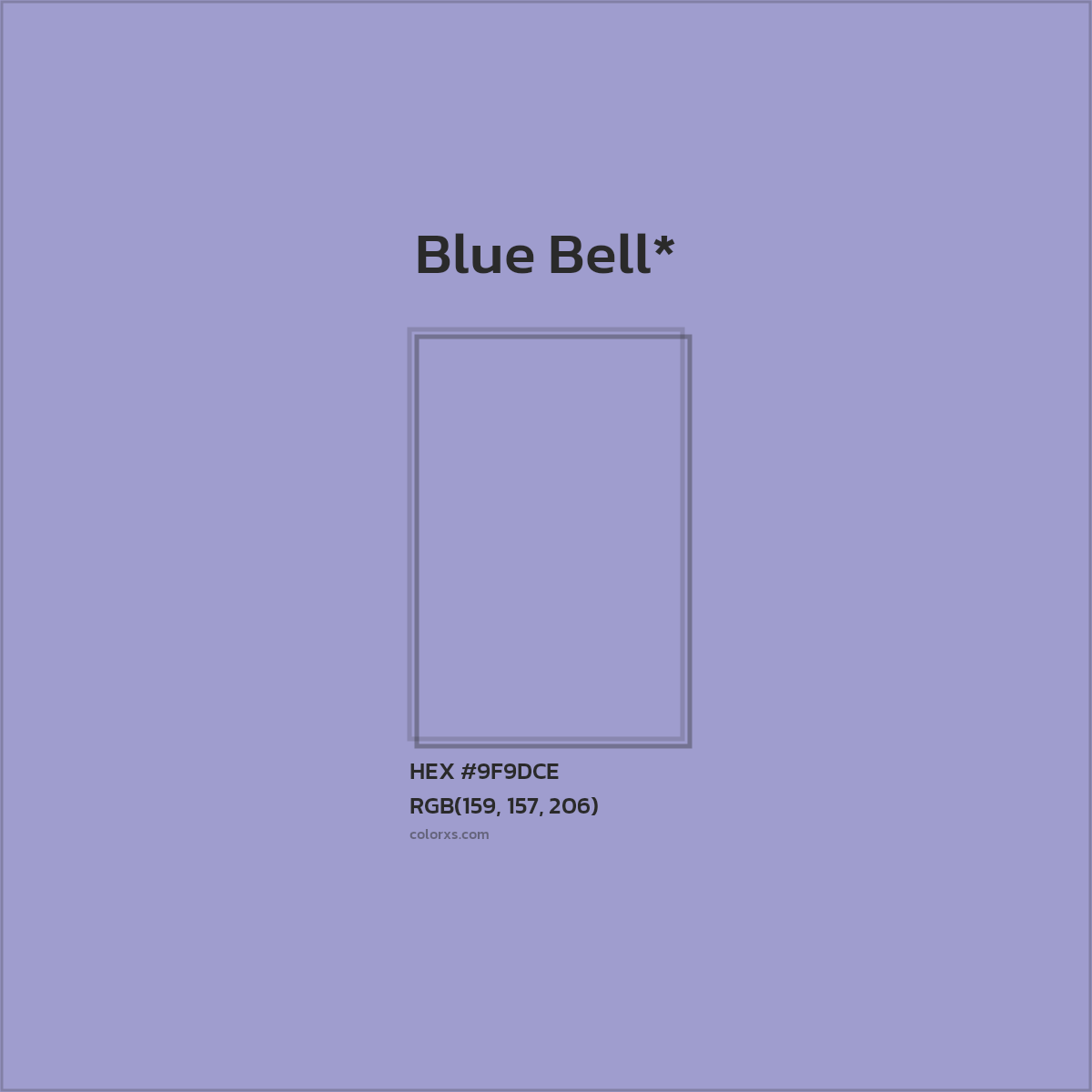 #9F9DCE hex color. RGB, RYB, CMYK, HSL, HSV codes and color conversions. Matching color names, palettes, paints.