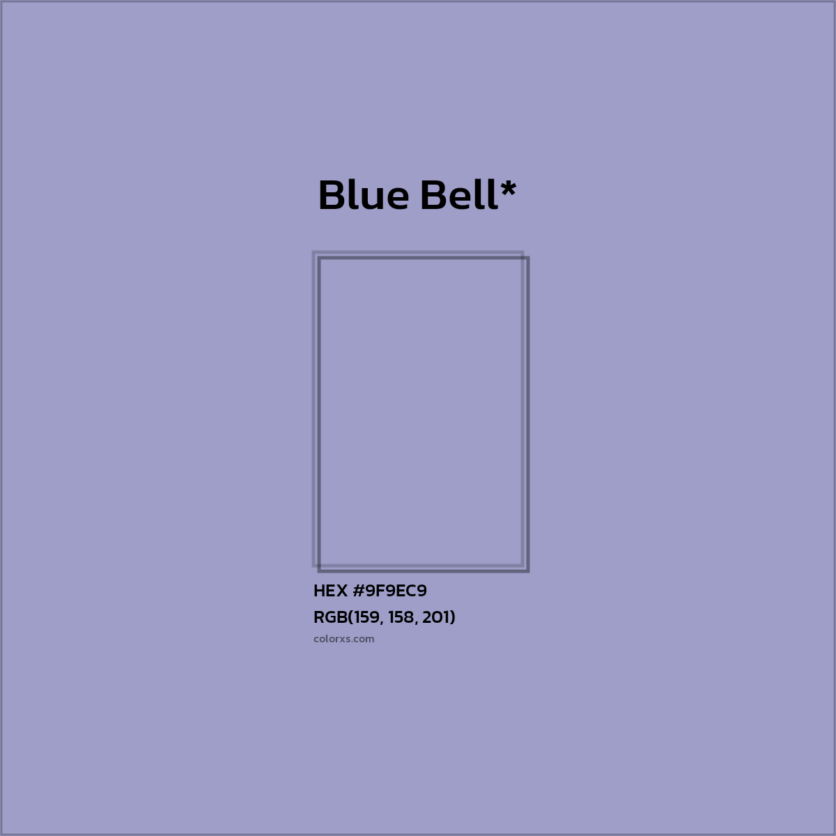 #9F9EC9 hex color. RGB, RYB, CMYK, HSL, HSV codes and color conversions. Matching color names, palettes, paints.