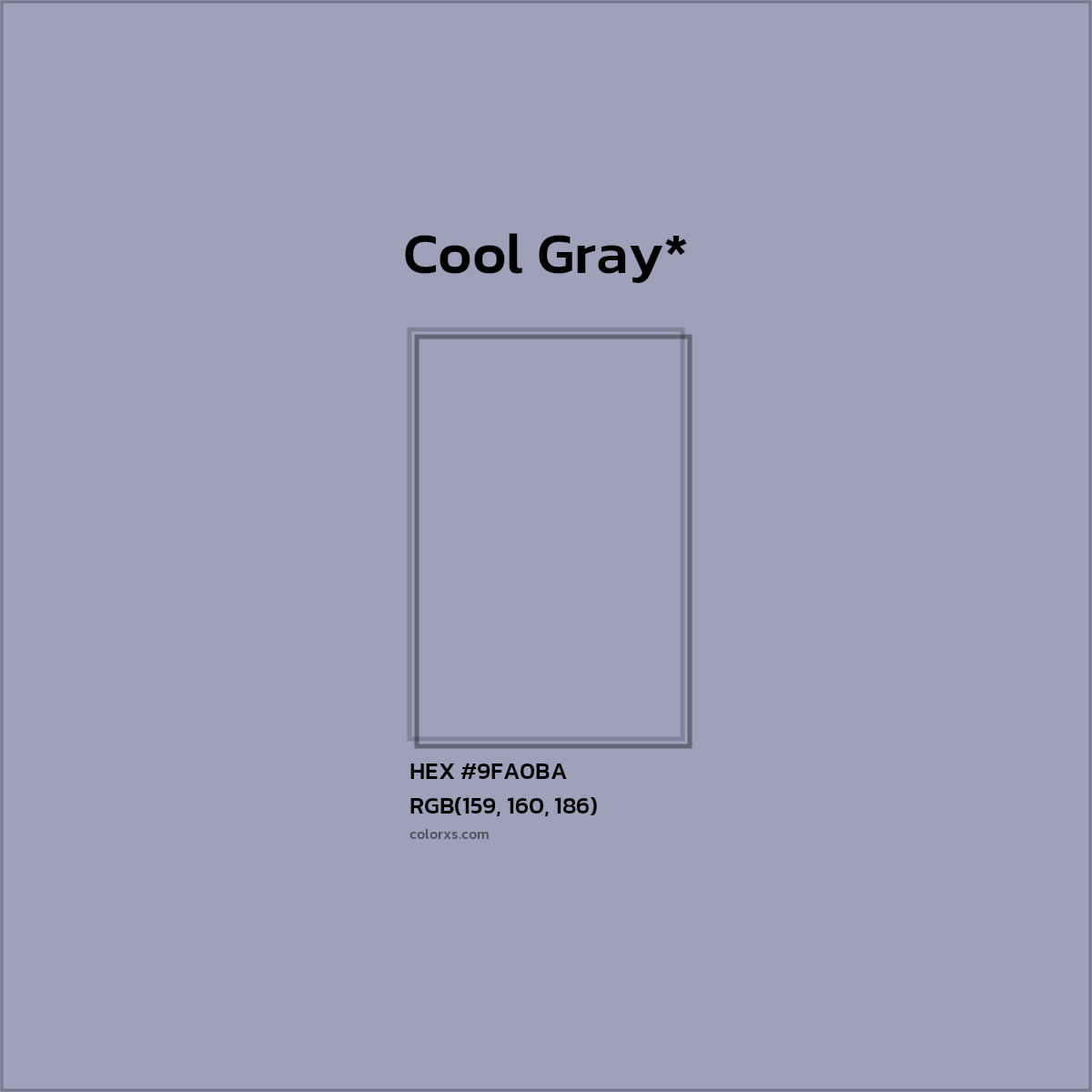 #9FA0BA hex color. RGB, RYB, CMYK, HSL, HSV codes and color conversions. Matching color names, palettes, paints.