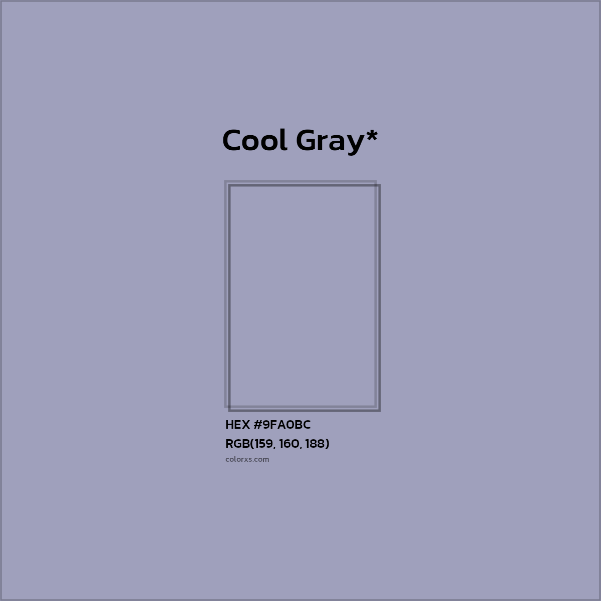 #9FA0BC hex color. RGB, RYB, CMYK, HSL, HSV codes and color conversions. Matching color names, palettes, paints.