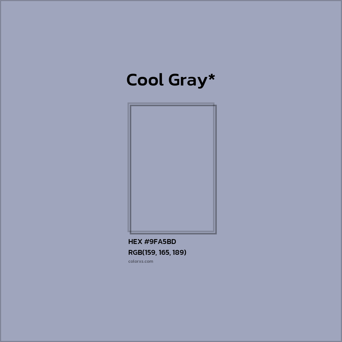 #9FA5BD hex color. RGB, RYB, CMYK, HSL, HSV codes and color conversions. Matching color names, palettes, paints.