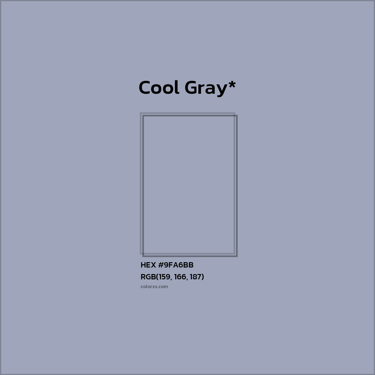 #9FA6BB hex color. RGB, RYB, CMYK, HSL, HSV codes and color conversions. Matching color names, palettes, paints.