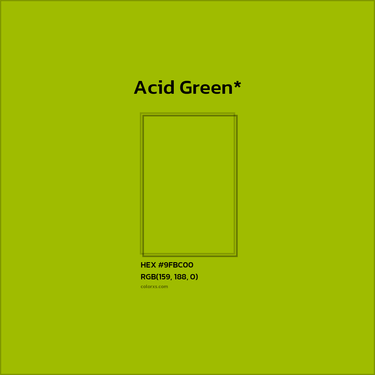 #9FBC00 hex color. RGB, RYB, CMYK, HSL, HSV codes and color conversions. Matching color names, palettes, paints.