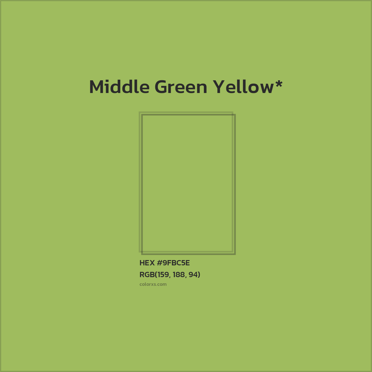 #9FBC5E hex color. RGB, RYB, CMYK, HSL, HSV codes and color conversions. Matching color names, palettes, paints.