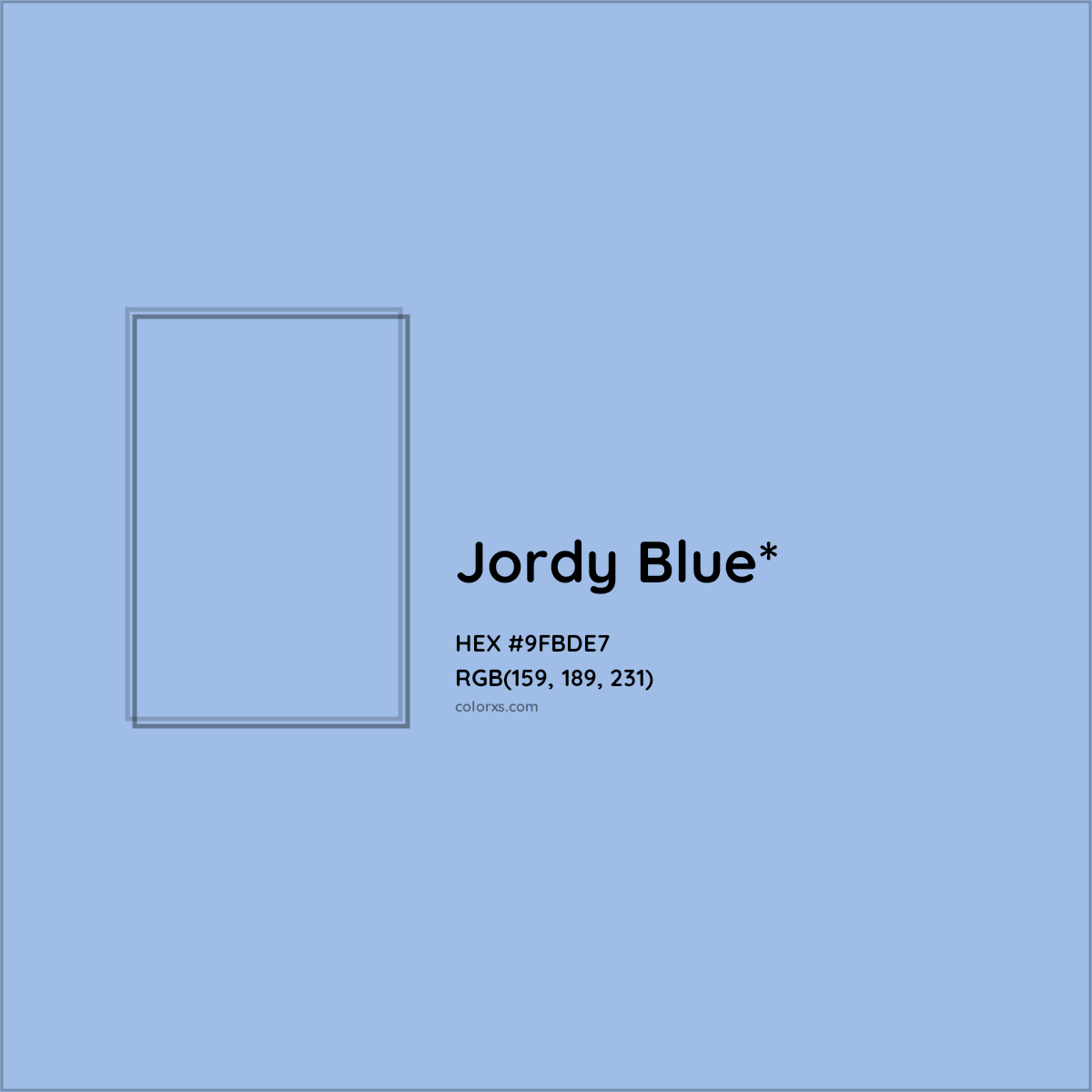 #9FBDE7 hex color. RGB, RYB, CMYK, HSL, HSV codes and color conversions. Matching color names, palettes, paints.