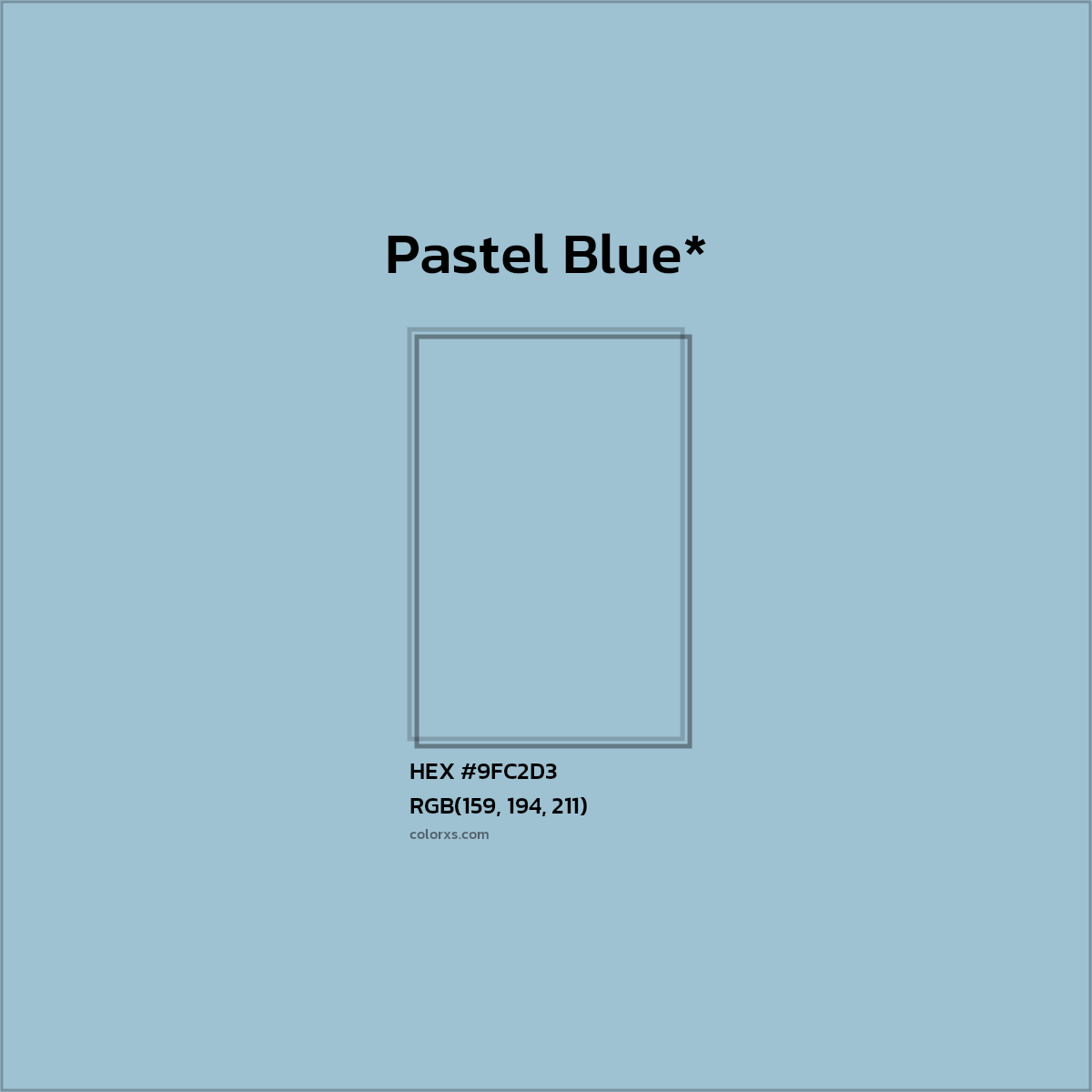 #9FC2D3 hex color. RGB, RYB, CMYK, HSL, HSV codes and color conversions. Matching color names, palettes, paints.