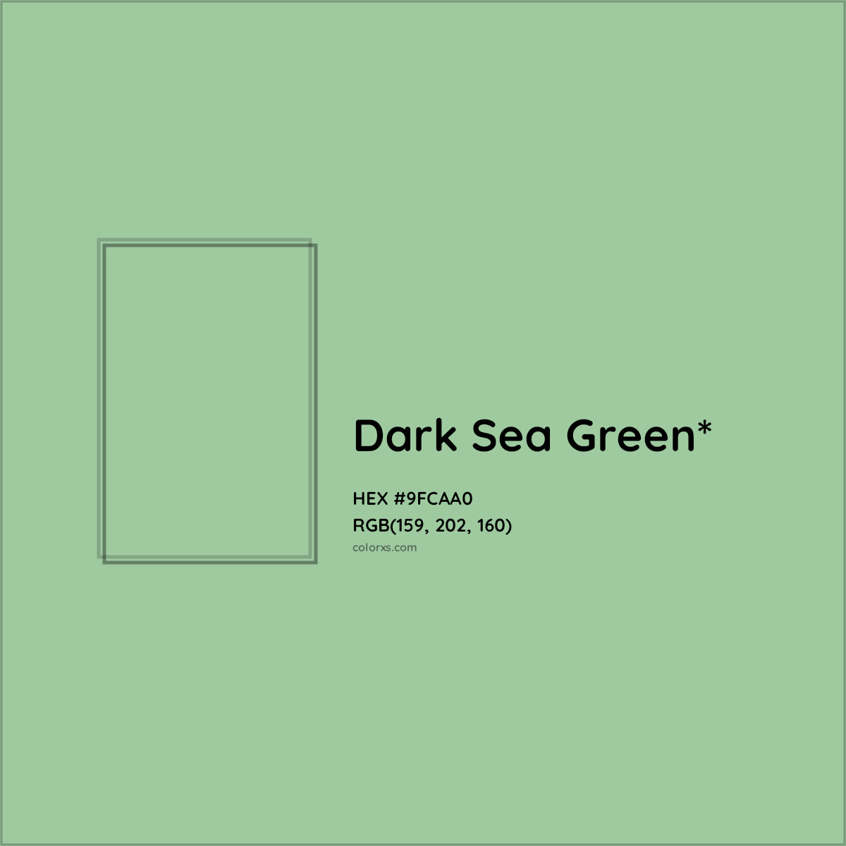 #9FCAA0 hex color. RGB, RYB, CMYK, HSL, HSV codes and color conversions. Matching color names, palettes, paints.