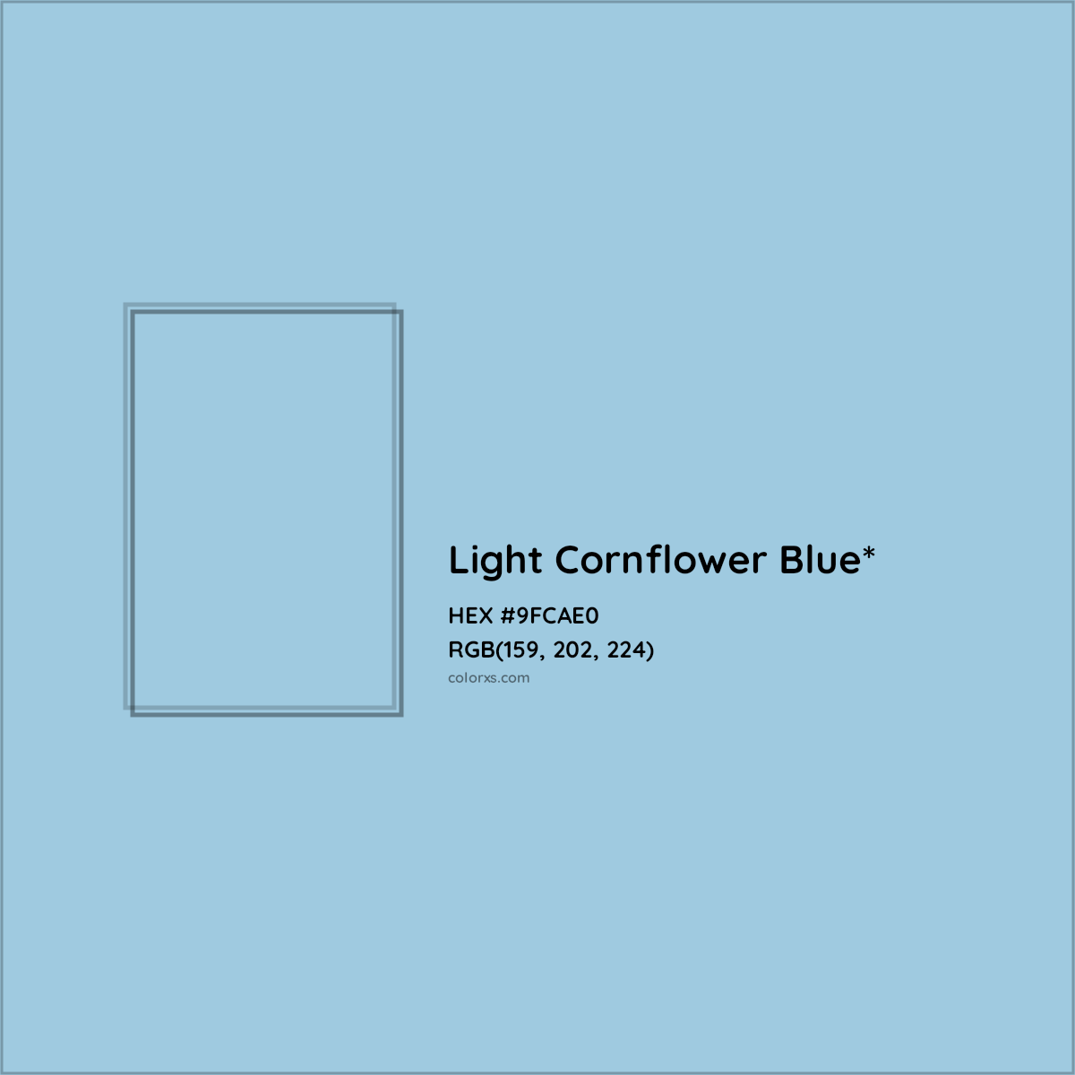 #9FCAE0 hex color. RGB, RYB, CMYK, HSL, HSV codes and color conversions. Matching color names, palettes, paints.