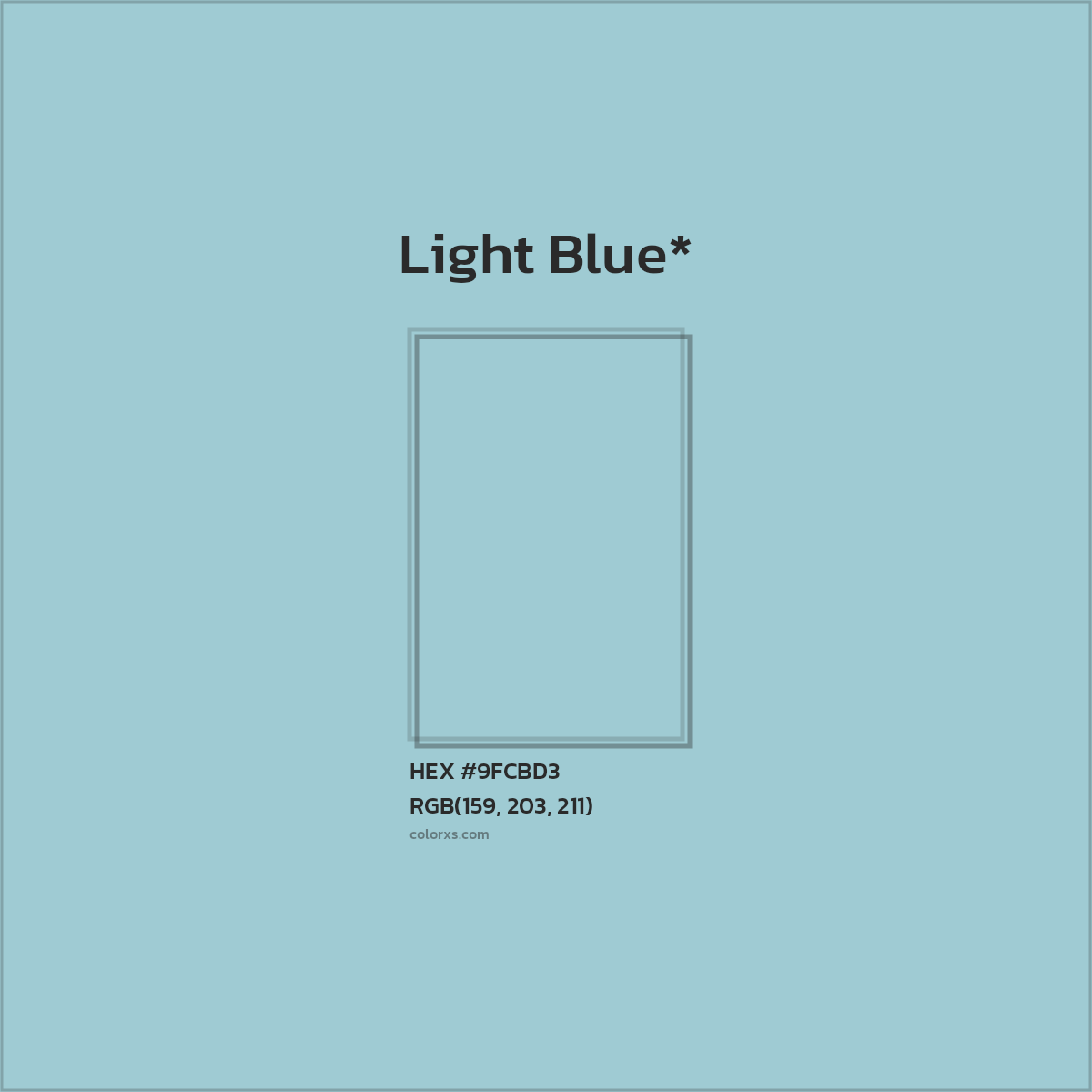 #9FCBD3 hex color. RGB, RYB, CMYK, HSL, HSV codes and color conversions. Matching color names, palettes, paints.