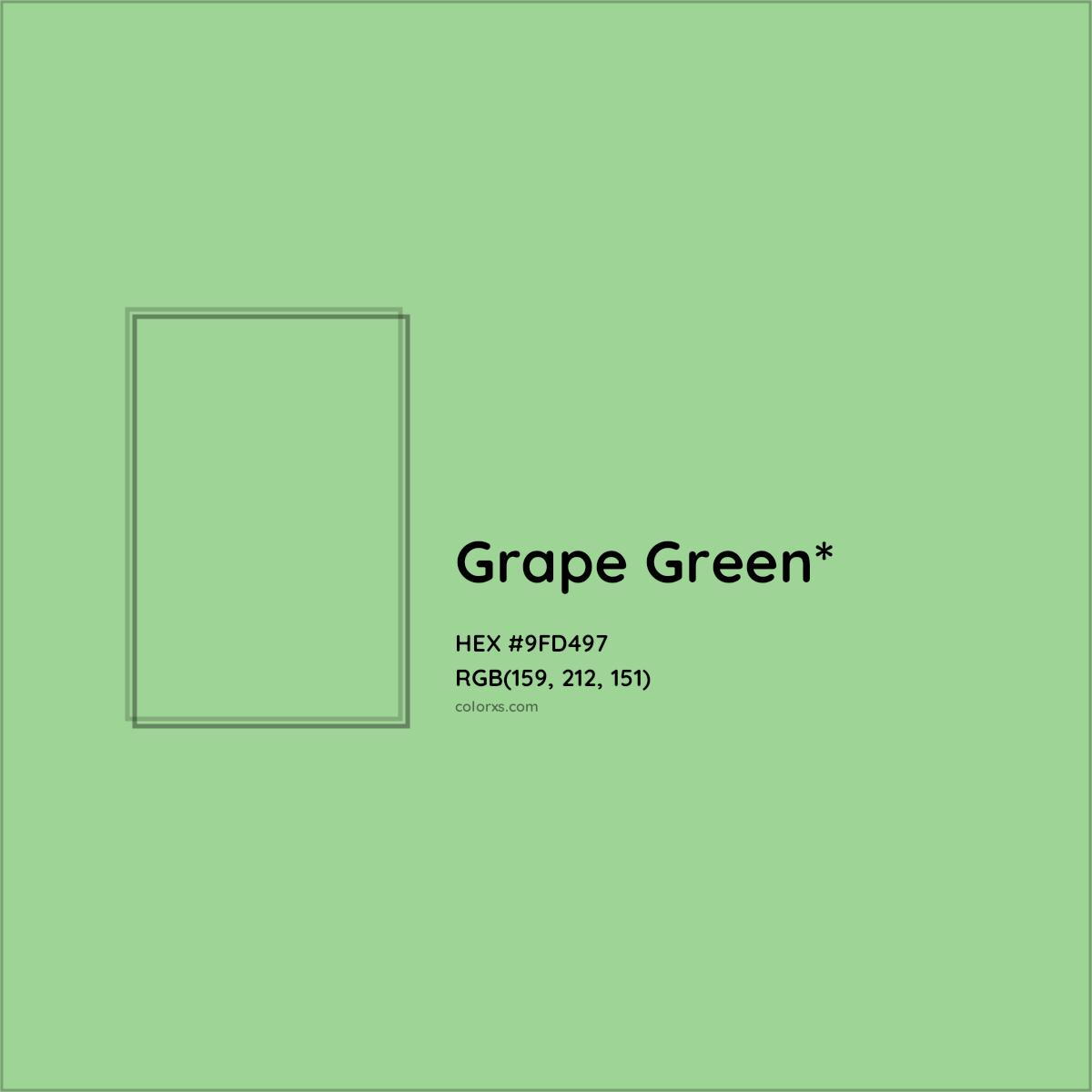 #9FD497 hex color. RGB, RYB, CMYK, HSL, HSV codes and color conversions. Matching color names, palettes, paints.