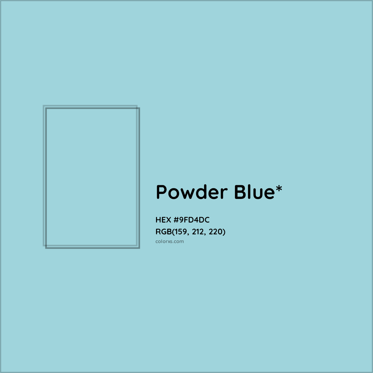 #9FD4DC hex color. RGB, RYB, CMYK, HSL, HSV codes and color conversions. Matching color names, palettes, paints.