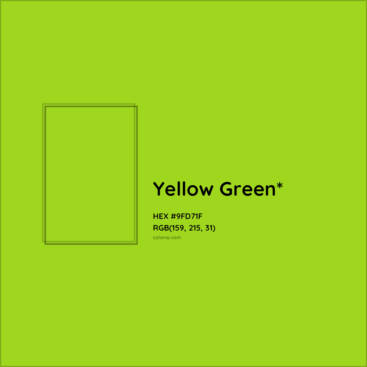 #9FD71F hex color. RGB, RYB, CMYK, HSL, HSV codes and color conversions. Matching color names, palettes, paints.