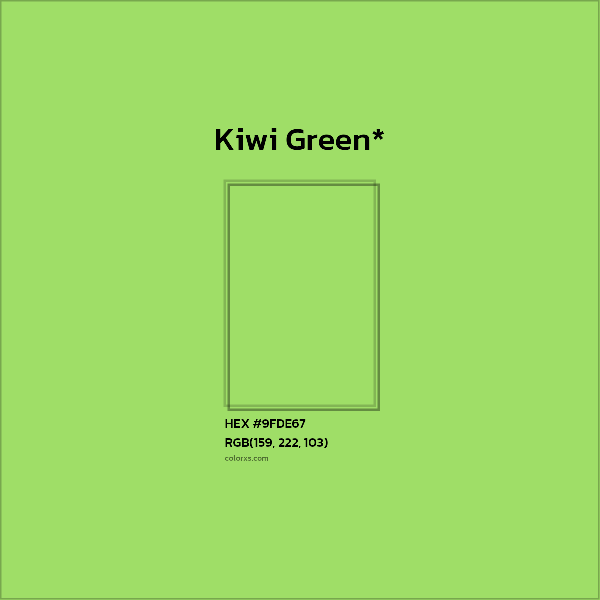 #9FDE67 hex color. RGB, RYB, CMYK, HSL, HSV codes and color conversions. Matching color names, palettes, paints.