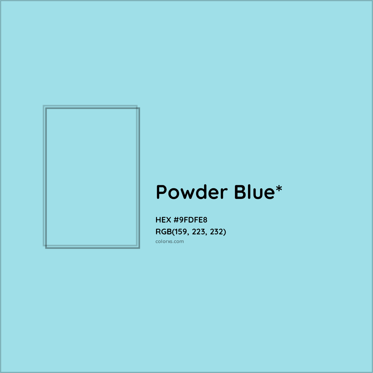 #9FDFE8 hex color. RGB, RYB, CMYK, HSL, HSV codes and color conversions. Matching color names, palettes, paints.
