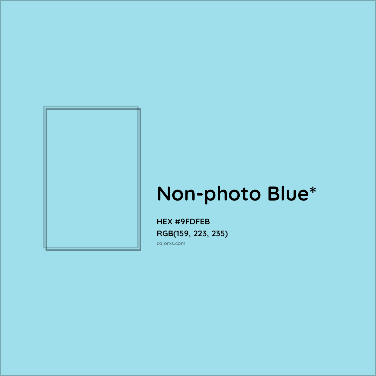 #9FDFEB hex color. RGB, RYB, CMYK, HSL, HSV codes and color conversions. Matching color names, palettes, paints.