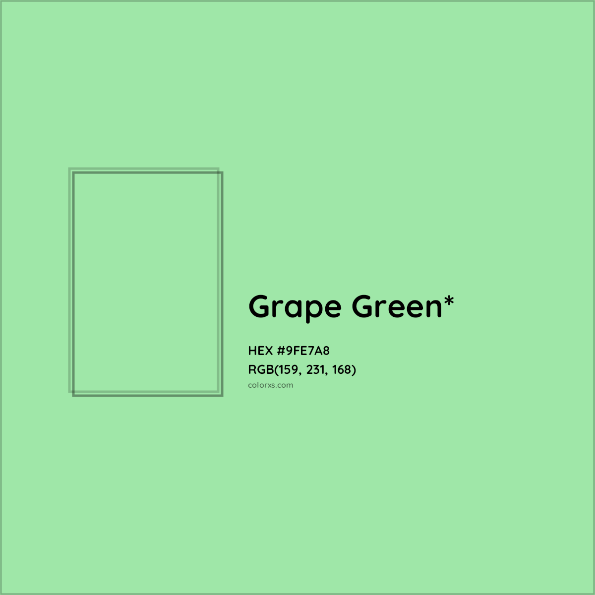 #9FE7A8 hex color. RGB, RYB, CMYK, HSL, HSV codes and color conversions. Matching color names, palettes, paints.