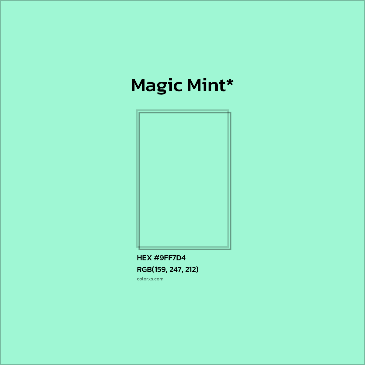 #9FF7D4 hex color. RGB, RYB, CMYK, HSL, HSV codes and color conversions. Matching color names, palettes, paints.