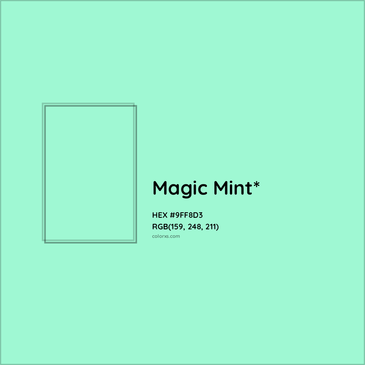 #9FF8D3 hex color. RGB, RYB, CMYK, HSL, HSV codes and color conversions. Matching color names, palettes, paints.
