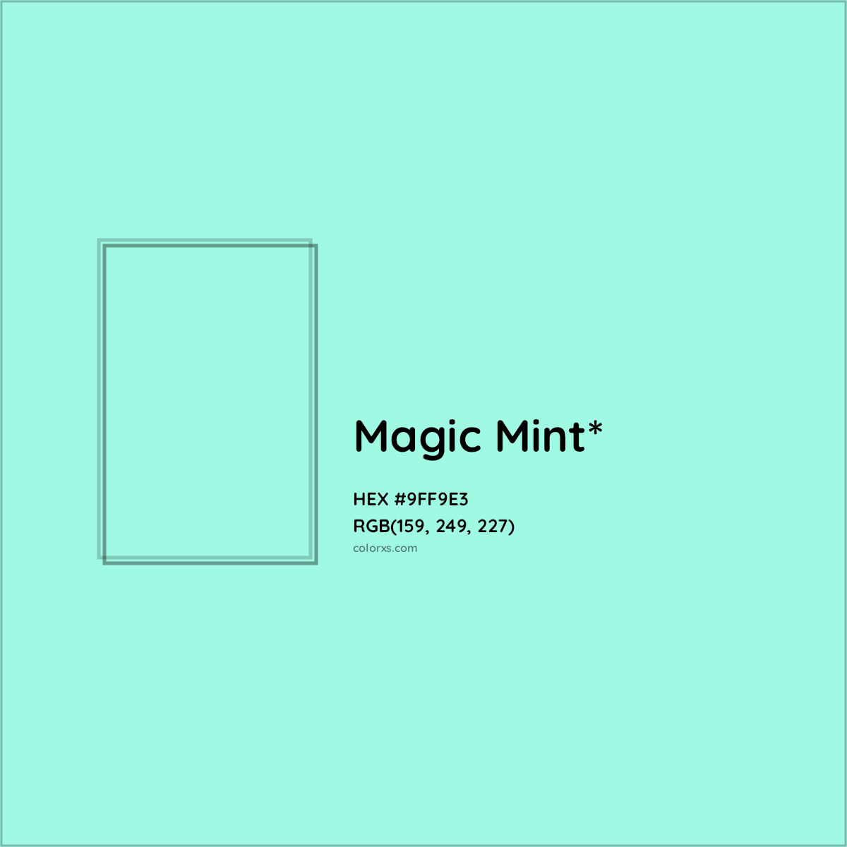 #9FF9E3 hex color. RGB, RYB, CMYK, HSL, HSV codes and color conversions. Matching color names, palettes, paints.