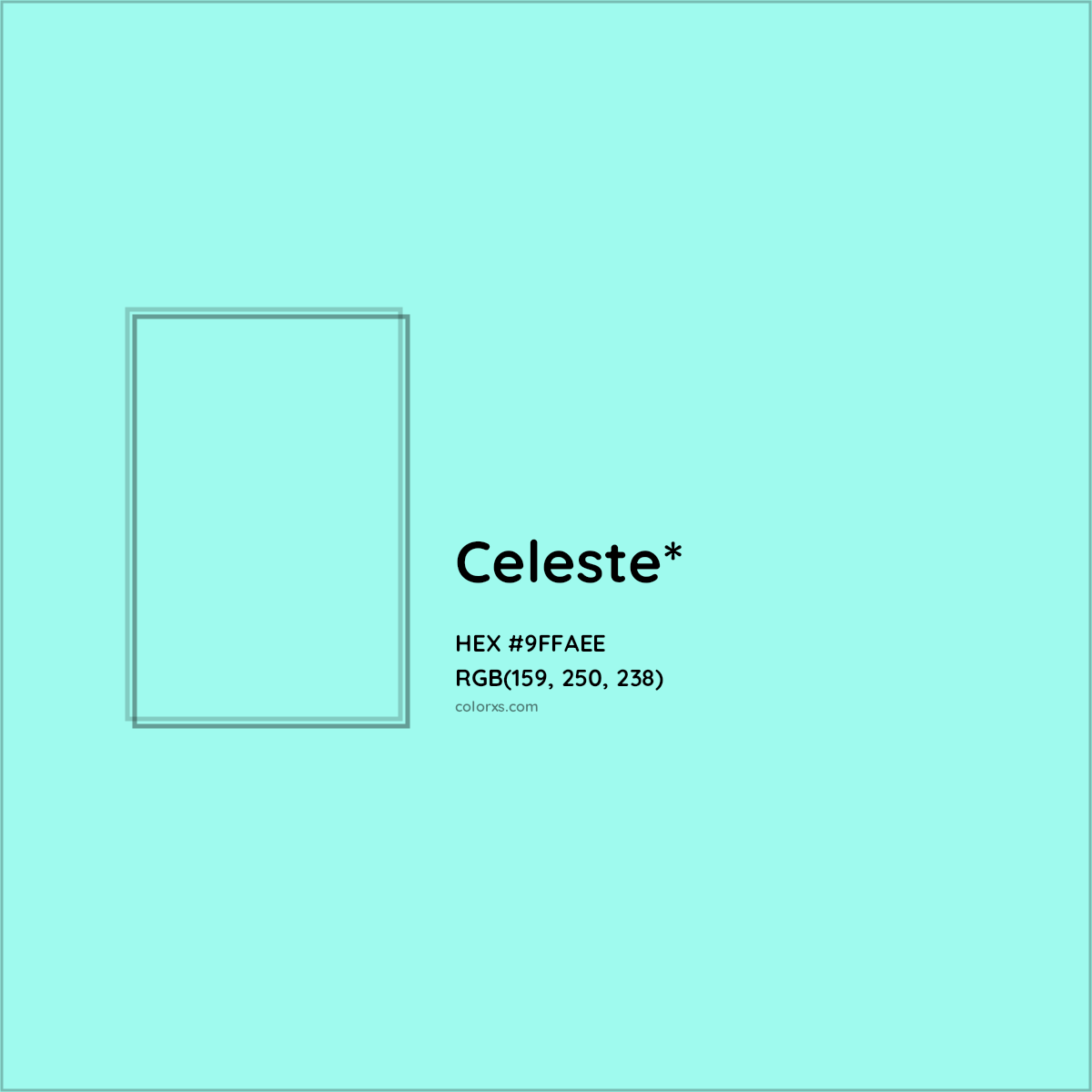 #9FFAEE hex color. RGB, RYB, CMYK, HSL, HSV codes and color conversions. Matching color names, palettes, paints.