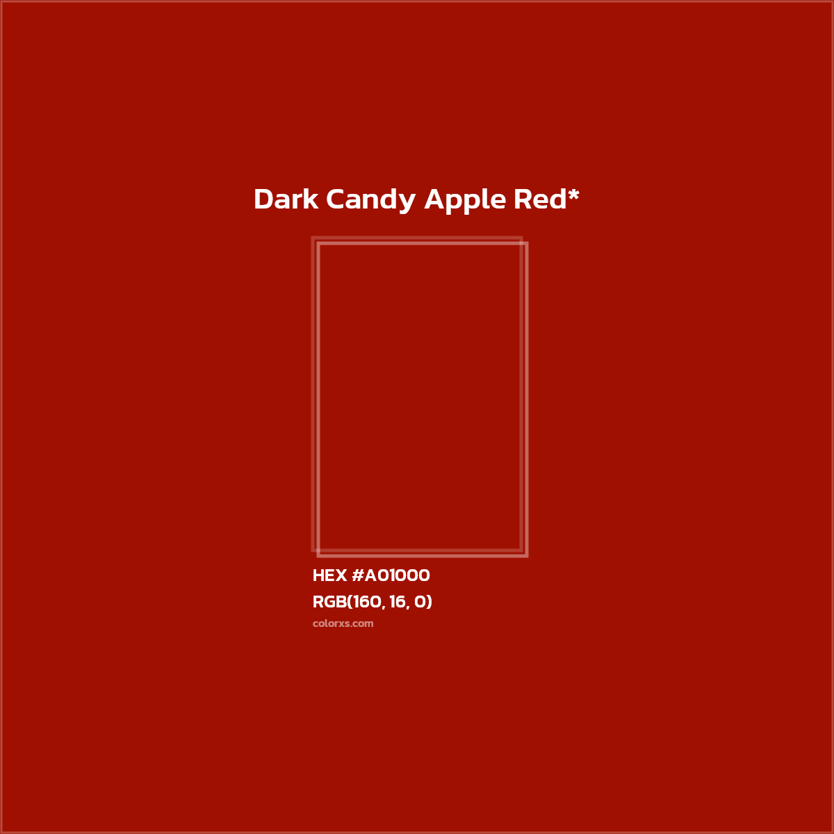 #A01000 hex color. RGB, RYB, CMYK, HSL, HSV codes and color conversions. Matching color names, palettes, paints.