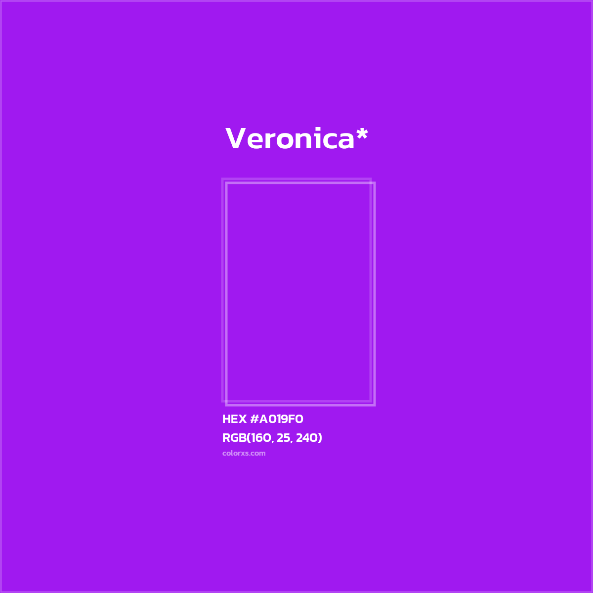 #A019F0 hex color. RGB, RYB, CMYK, HSL, HSV codes and color conversions. Matching color names, palettes, paints.