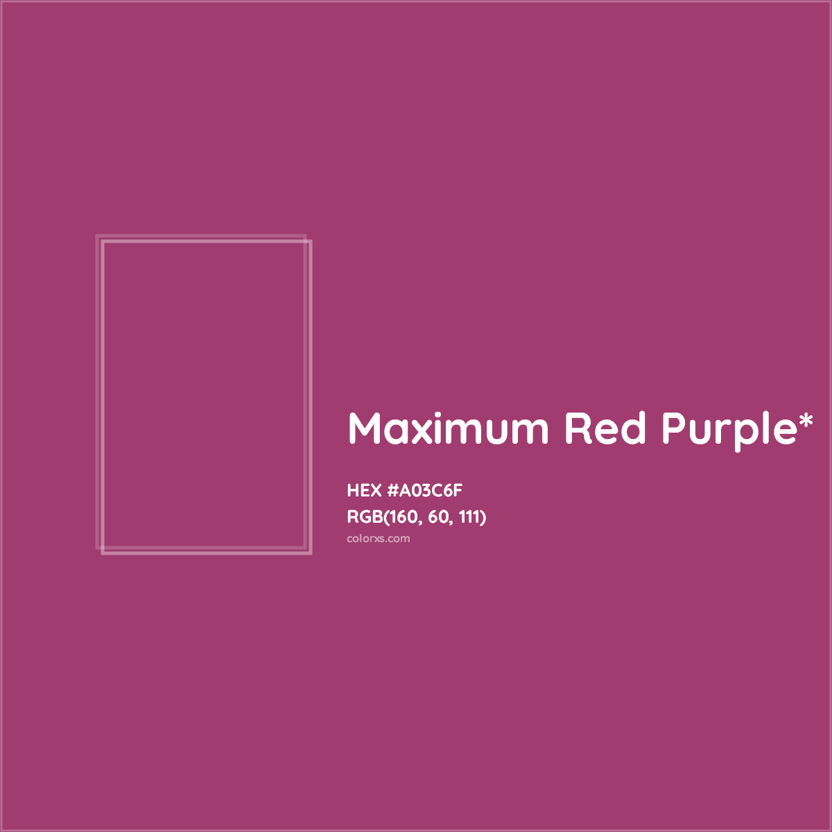 #A03C6F hex color. RGB, RYB, CMYK, HSL, HSV codes and color conversions. Matching color names, palettes, paints.