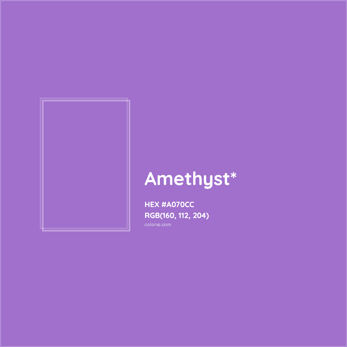 #A070CC hex color. RGB, RYB, CMYK, HSL, HSV codes and color conversions. Matching color names, palettes, paints.